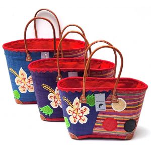 TRIS CESTA PAGLIA 13008 FIORI PALLE BLU