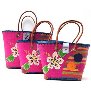 TRIS CESTA PAGLIA 13008 FIORI PALLE FUXIA